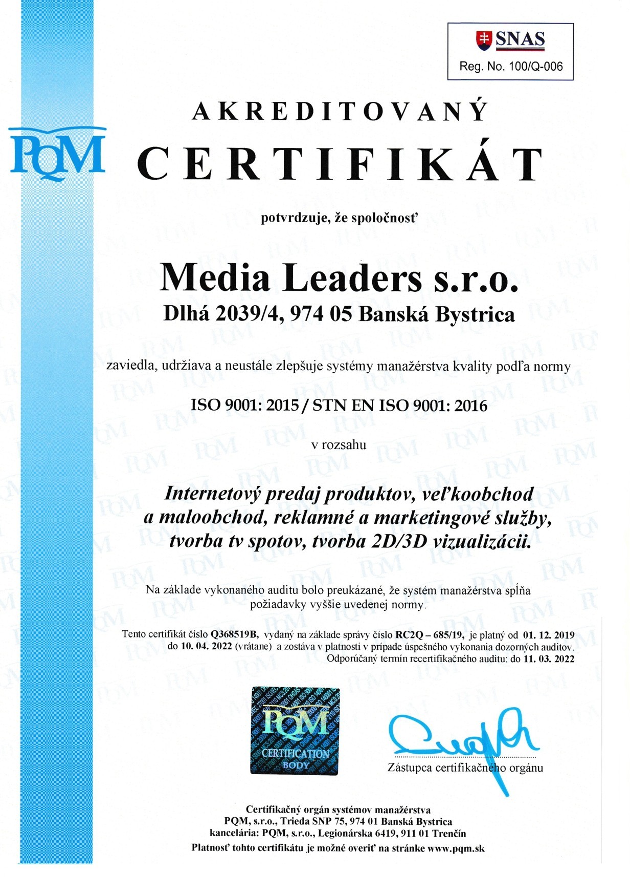 iso 9001 sertifikaat media leaders sro