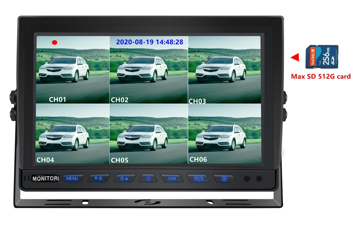 10-tolline tagumine monitor SD-kaardile salvestamisega 8 kaamera tugi