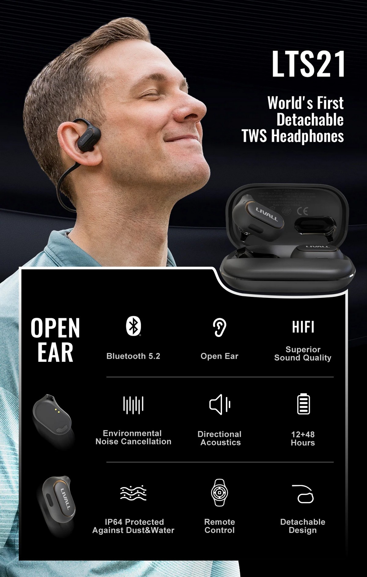 Sportlikud juhtmevabad Bluetoothiga kõrvaklapid – eemaldatav lahtise kõrvaga disain