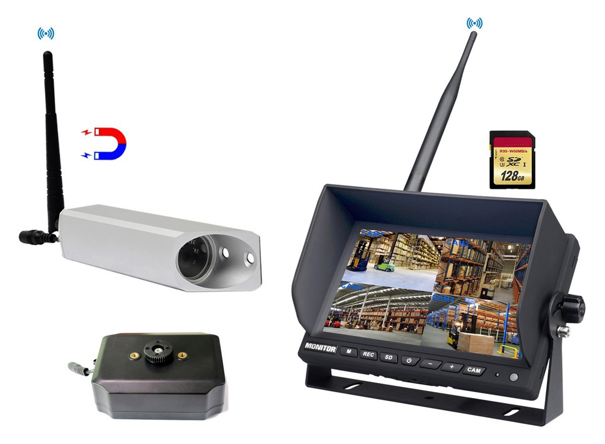 LED-taustvalgustusega ja akutoitel + 7" monitoriga WiFi-kaamerad tõstukitele